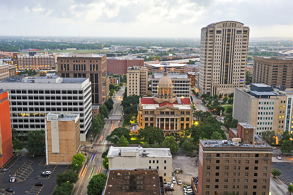 High angle view on Downtown from the Magnolia Hotel rooftop, 1100 Texas Avenue, Houston, Texas, United States of America