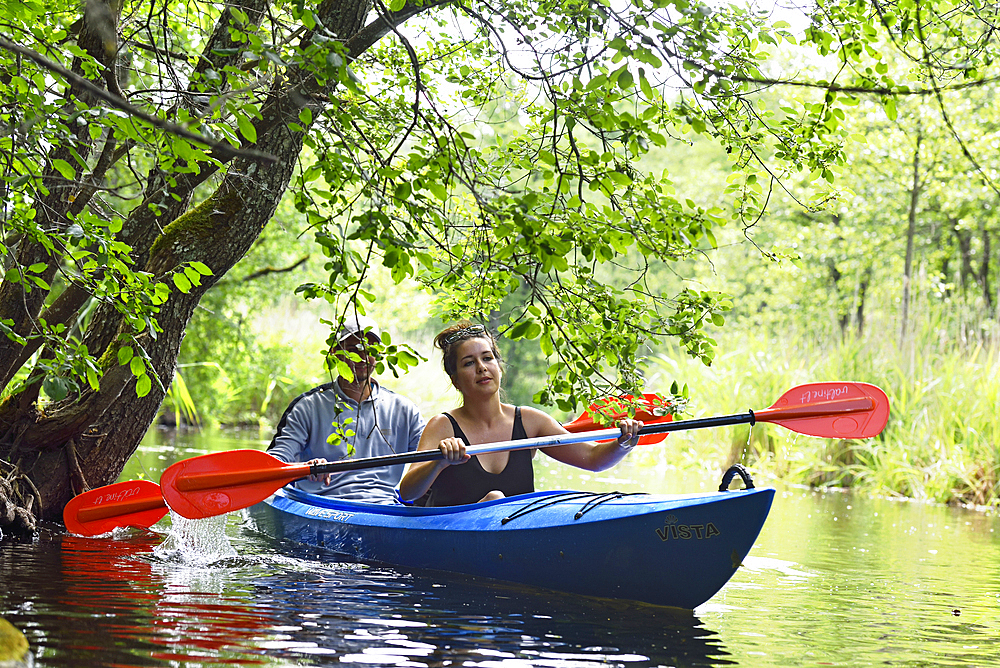 Canoe trip on a branch of the river connecting the lakes Almajas and Asekas around Ginuciai, Aukstaitija National Park, Lithuania, Europe