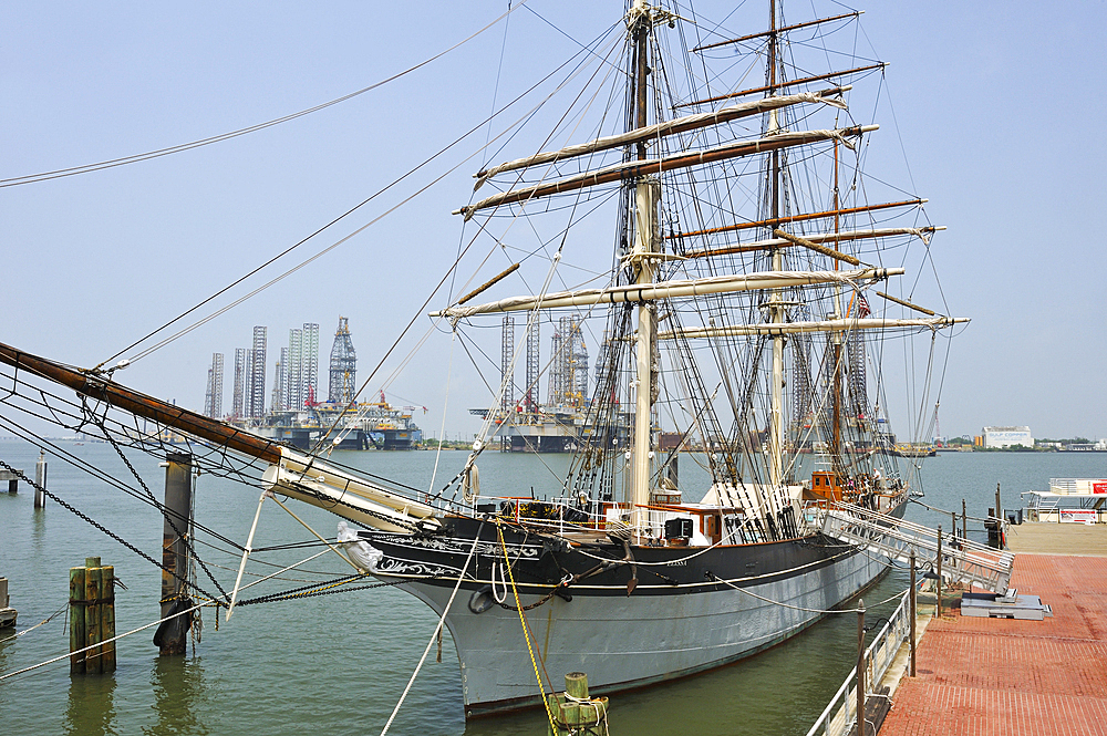 tall ship Elissa (1877), a three-masted barque moored in the port of Galveston, Galveston island, Gulf of Mexico, Texas, United States of America, North America