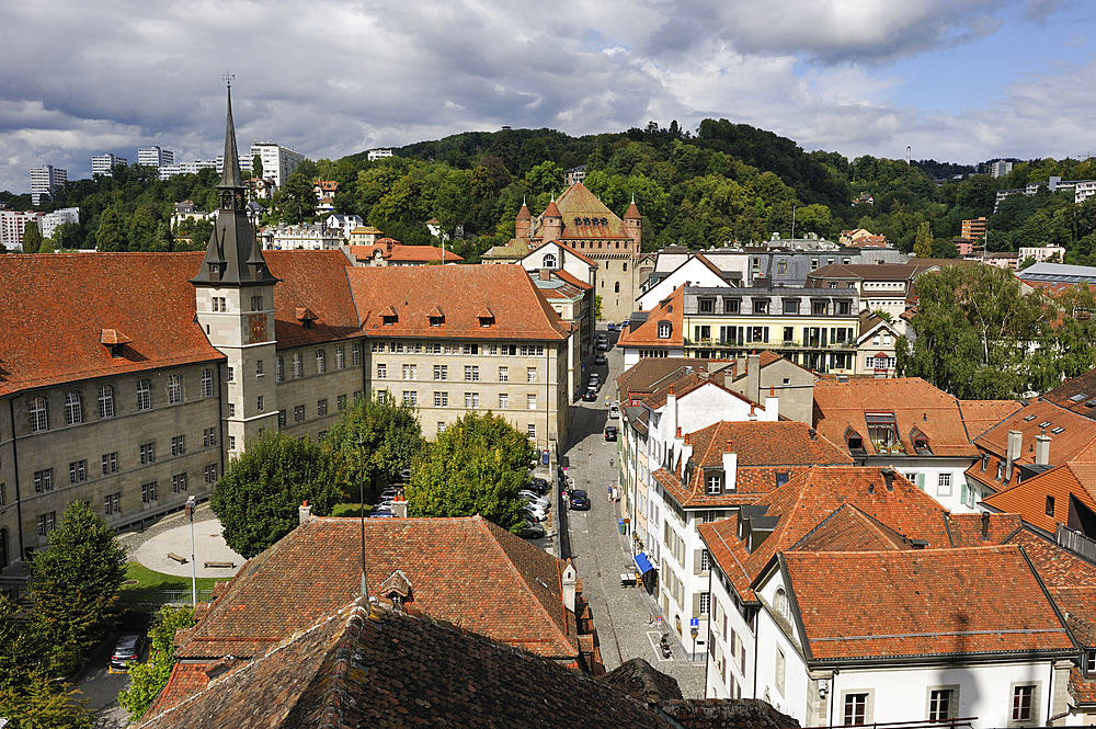 Ancient Academy of Lausanne and Cite-Devant street viewed from the tower of the Cathedral of Notre Dame,Lausanne,Canton of Vaud,Switzerland,Europe