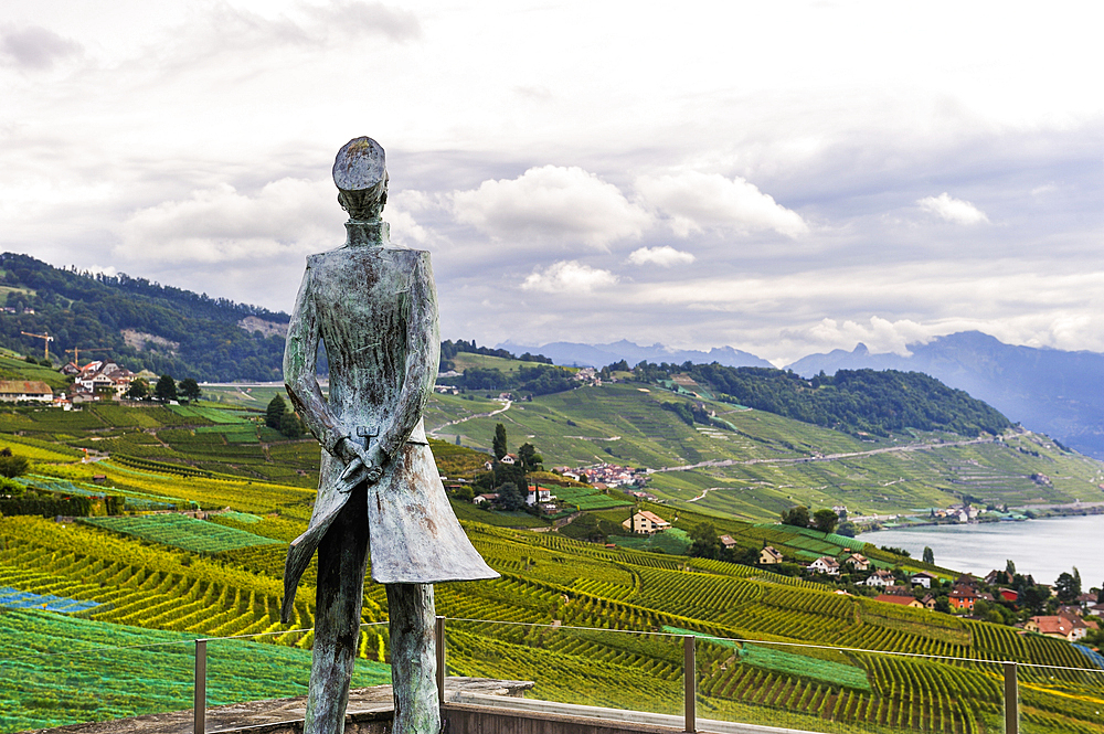 Statue of Corto Maltese, hero created by Hugo Pratt who lived in Grandvaux in Lavaux Vineyard terraces, near Lausanne, Canton of Vaud, Switzerland