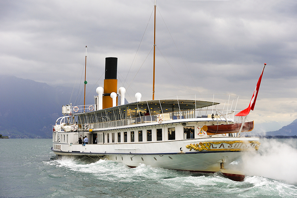 Belle Epoque paddle steamer La Suisse on Lake Leman, Lausanne, Canton of Vaud, Switzerland