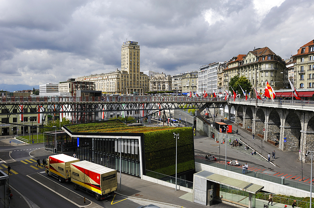 Subway station, Grand-Pont,elevator and footbridge in Le Flon district with the Bel-Air Tower in background,Lausanne,Canton of Vaud,Switzerland,Europe