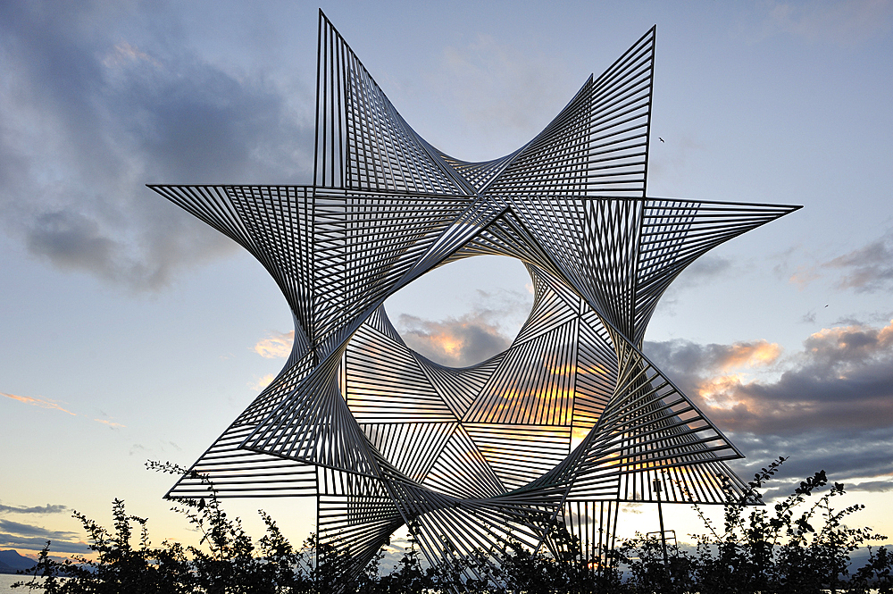 stainless steel sculpture called Ouverture au Monde by the artist Angel Duarte,Osche pier in Ouchy,Leman Lake,Lausanne,Canton of Vaud,Switzerland,Europe