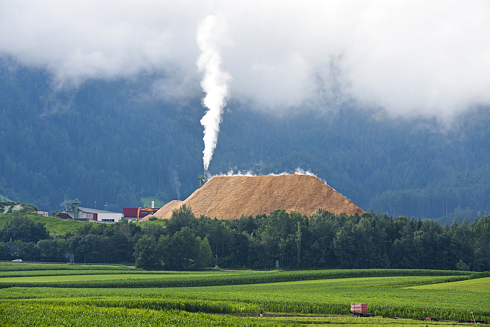 Sawdust heap at sawmill near Brunico (Bruneck), region of South Tyrol (Alto Adige), Italy