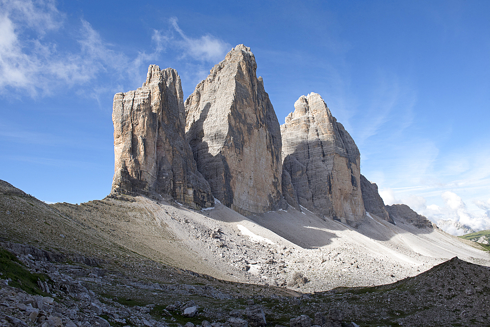 north face of the Tre Cime di Lavaredo (Three Peaks of Lavaredo), Three Peaks nature park, Trentino-Alto Adige, Sudtyrol, South Tyrol, Italy, South-central Europe