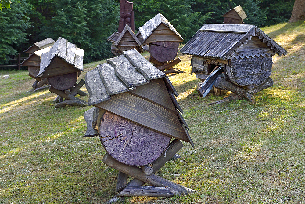 Ancient beehives in the Beekeeping Museum, Stripeikiai, Aukstaitija National Park, Lithuania, Europe