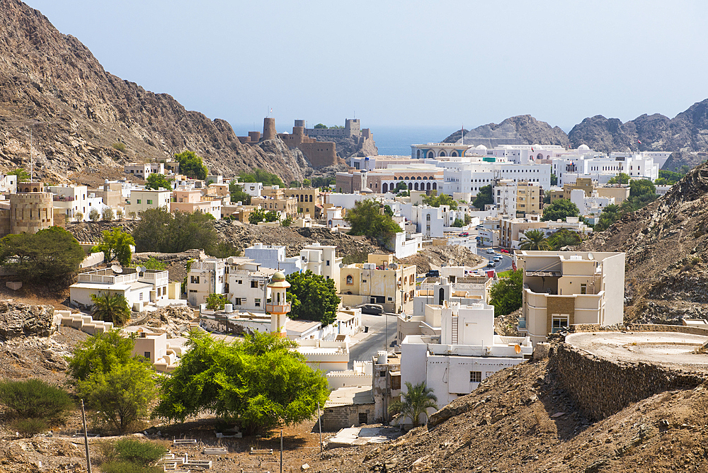 View of Old Muscat from the mountain road, Muttrah, Muscat Port, Sultanate of Oman, Arabian Peninsula