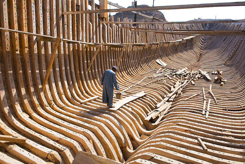 Inner structure in teak wood of dhow under construction in traditional shipyard, Sur, Ash Sharqiyah Region, Sultanate of Oman, Arabian Peninsula