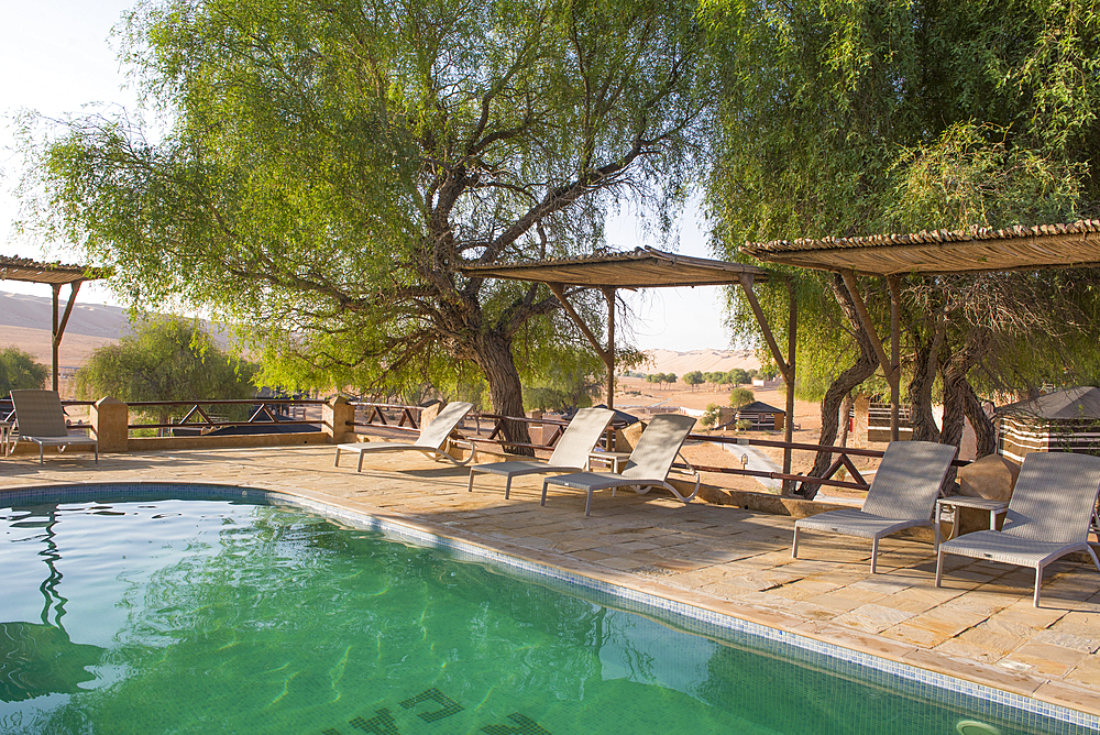 Swimming pool, The Thousand Nights Camp in the Sharqiya Sands, formerly Wahiba Sands, desert region, Sultanate of Oman, Arabian Peninsula