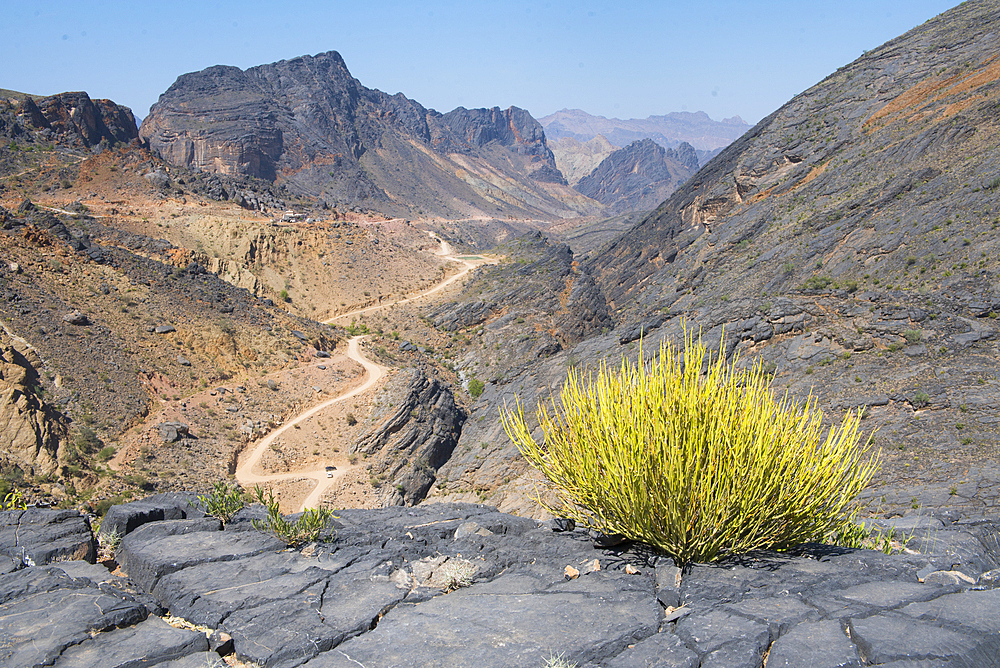 View from track on west slope of Djebel (Al Barida Road) from Sharaf al Alamayn Pass, 2036m, to Bilad Sayt and Rustaq road, Oman, Arabian Peninsula