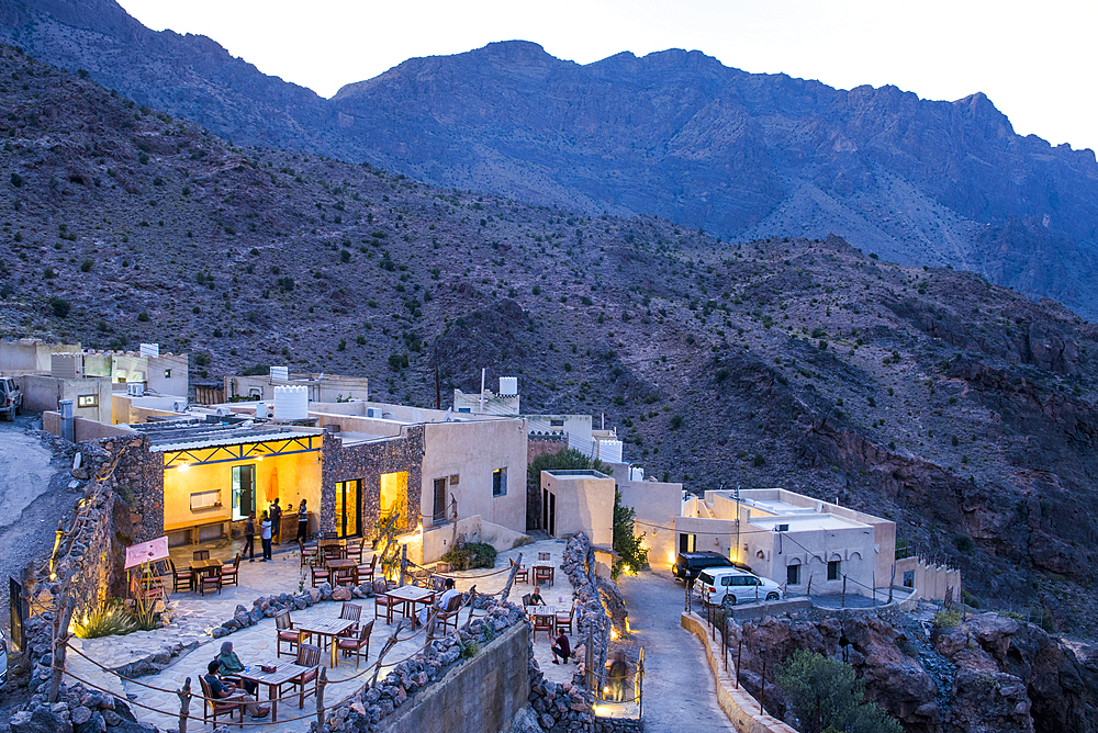 Sama Wakan Heritage hotel by night, Wakan village, Western Hajar Mountains, South Batinah and Al Dakhiliyah Governorates, Oman, Arabian Peninsula