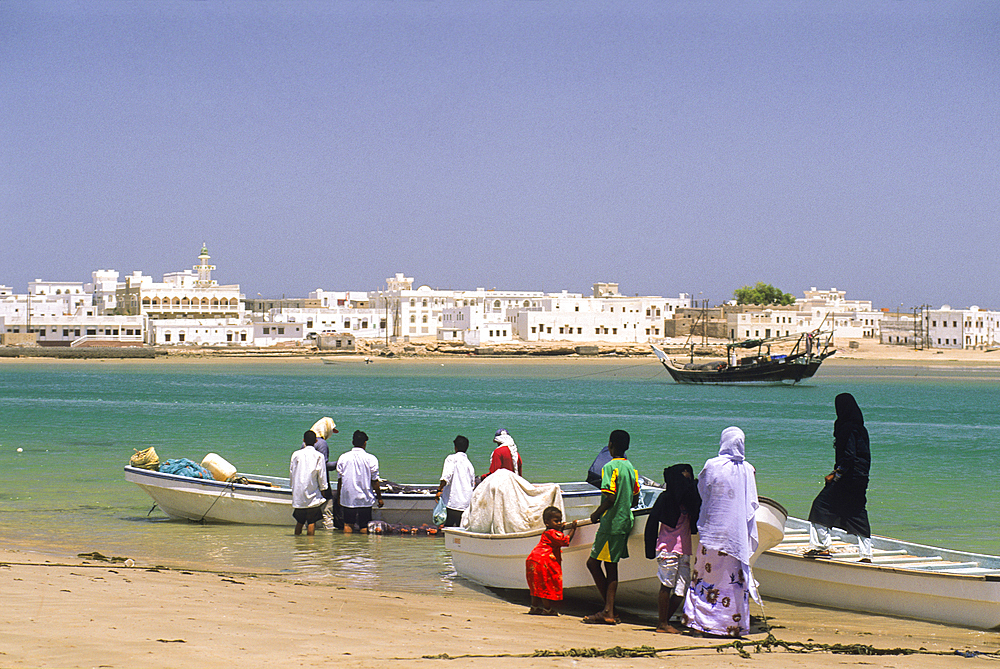 Fishing rowing boat on the beach of Sur, Sultanate of Oman, Arabian Peninsula