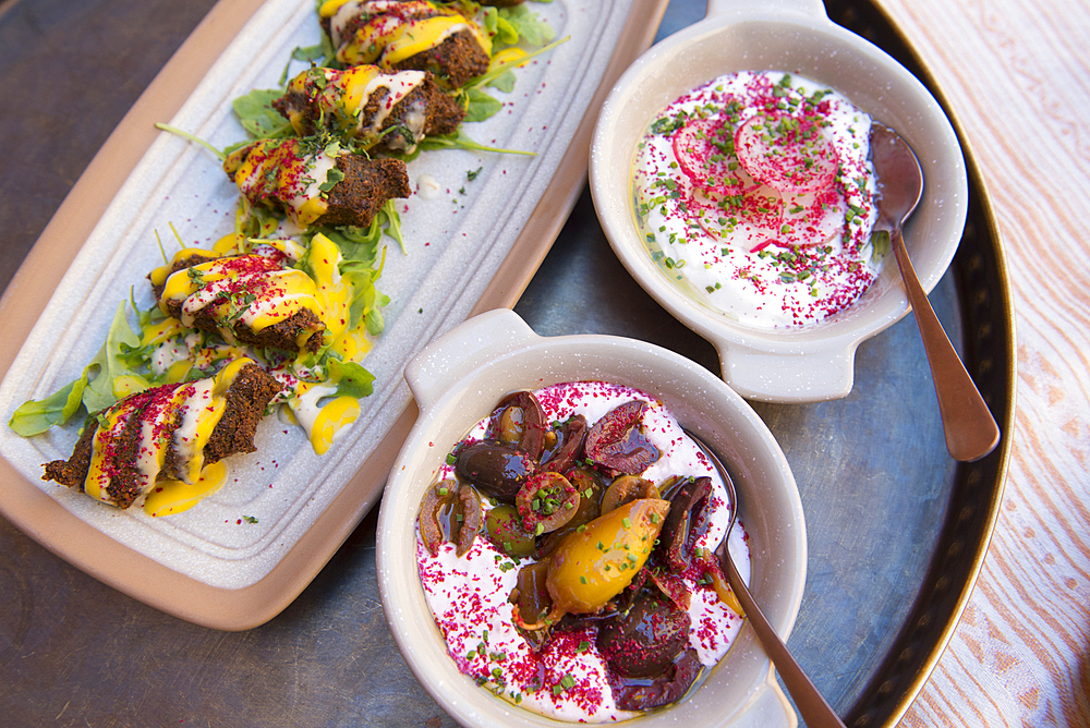 Dish served at the restaurant of Dar Tantora The House Hotel, a renovated original mudbrick village in the oasis of AlUla, Medina Province, Saudi Arabia, Middle East