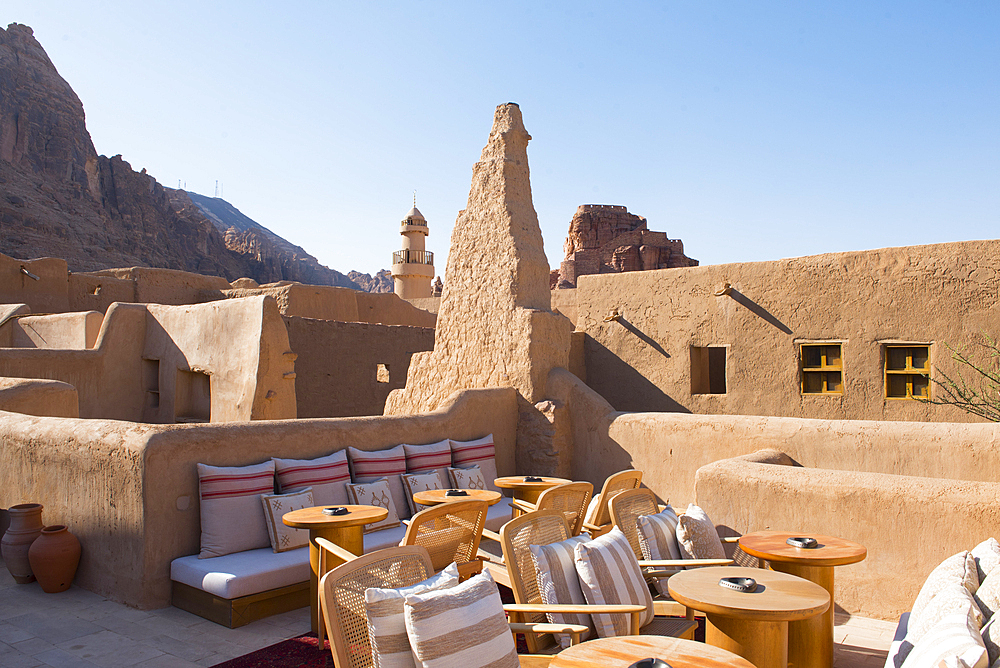 Terrace cafe at Dar Tantora The House Hotel, a renovated original mudbrick village in the oasis of AlUla, Medina Province, Saudi Arabia, Middle East