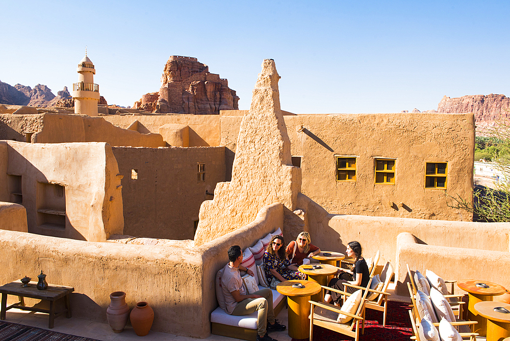 Terrace cafe at Dar Tantora The House Hotel, a renovated original mudbrick village in the oasis of AlUla, Medina Province, Saudi Arabia, Middle East