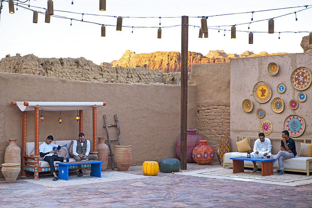 Open-air café on a small square in the old town of AlUla, Medina Province, Saudi Arabia, Middle East