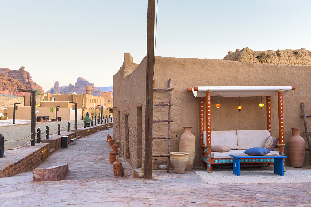 Open-air café on a small square in the old town of AlUla, Medina Province, Saudi Arabia, Middle East