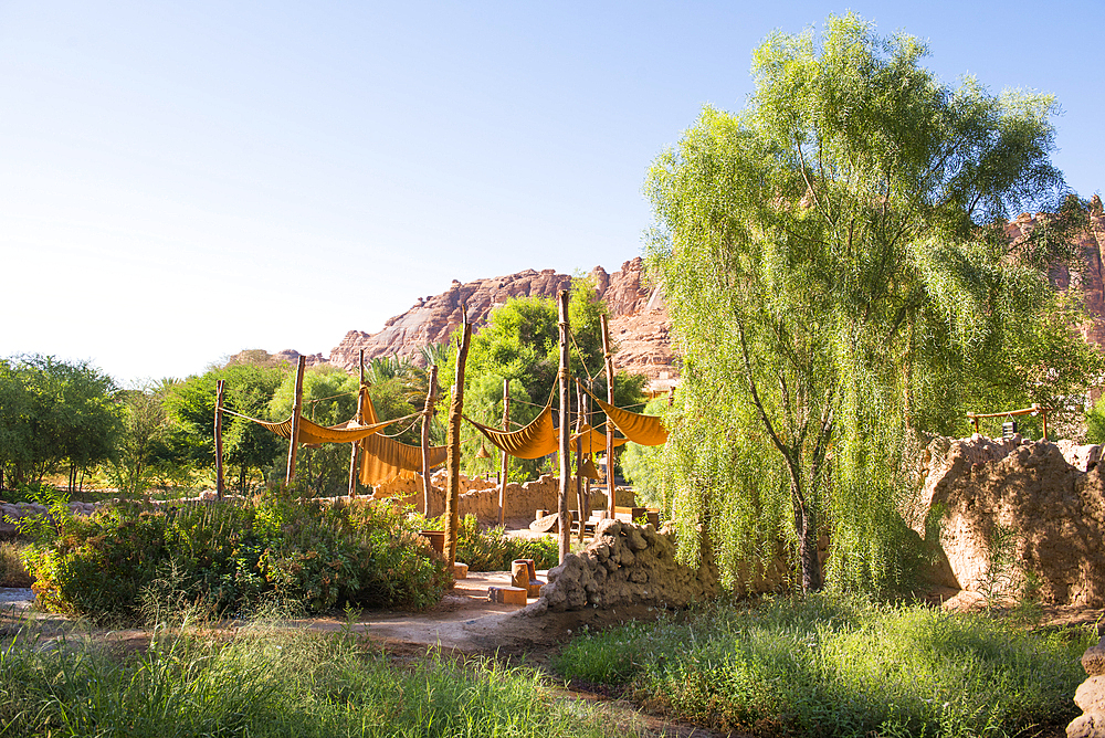 Outdoor Cafe in the gardens of the oasis of AlUla, Medina Province, Saudi Arabia, Middle East