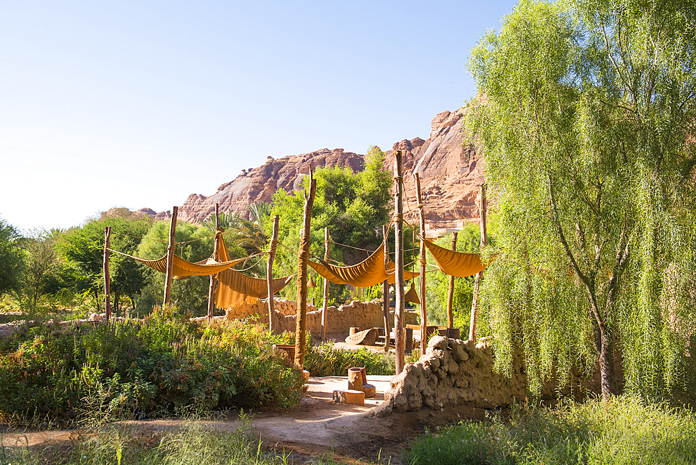 Outdoor Cafe in the gardens of the oasis of AlUla, Medina Province, Saudi Arabia, Middle East