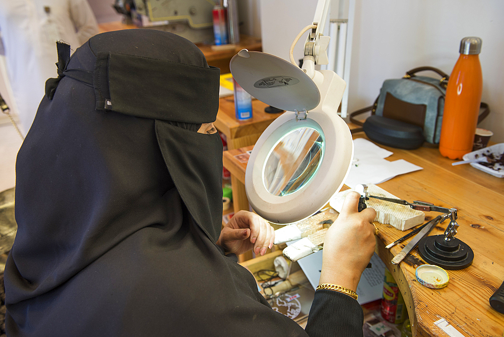 Madrasat Adeera, originaly a Girl's School, it is now an artistic space where women learn and practice different crafts, here a jewellery workshop, whose creations will be sold in the old town of AlUla, Medina Province, Saudi Arabia, Middle East