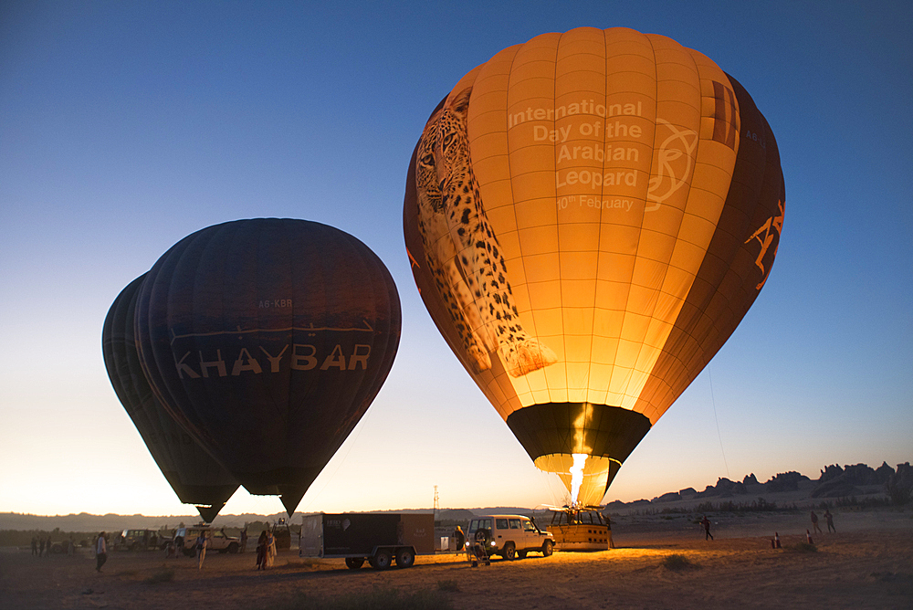 Balloon inflating, Hot air balloon flight over Hegra site and around with Hero Balloon Flights Saudi Operator, AlUla, Medina Province, Saudi Arabia, Middle East