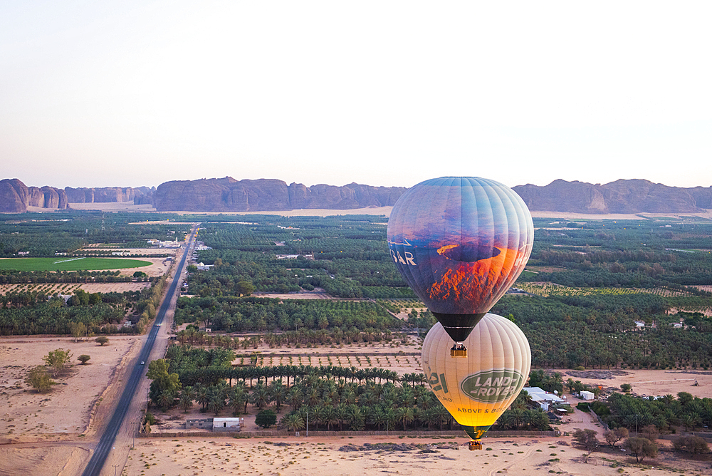 Hot air balloon flight over Hegra site and around with Hero Balloon Flights Saudi Operator, AlUla, Medina Province, Saudi Arabia, Middle East