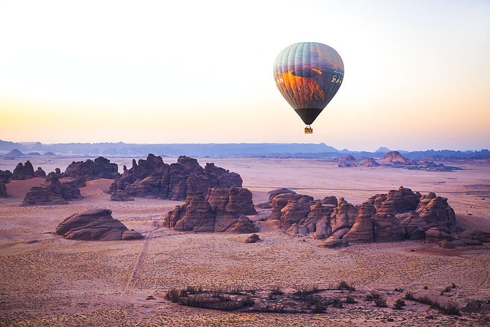 Hot air balloon flight over Hegra site and around with Hero Balloon Flights Saudi Operator, AlUla, Medina Province, Saudi Arabia, Middle East