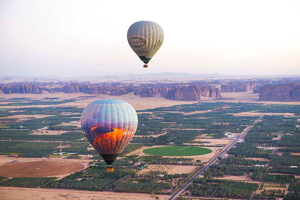 Hot air balloon flight over Hegra site and around with Hero Balloon Flights Saudi Operator, AlUla, Medina Province, Saudi Arabia, Middle East