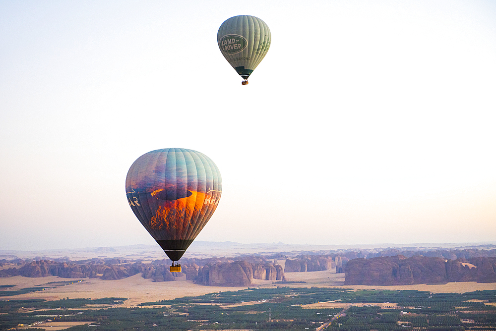 Hot air balloon flight over Hegra site and around with Hero Balloon Flights Saudi Operator, AlUla, Medina Province, Saudi Arabia, Middle East