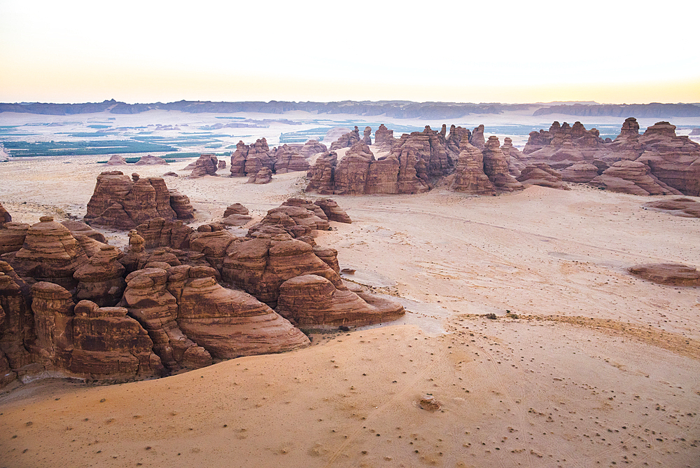 Aerial view from hot air balloon over Hegra site and around, AlUla, Medina Province, Saudi Arabia, Middle East