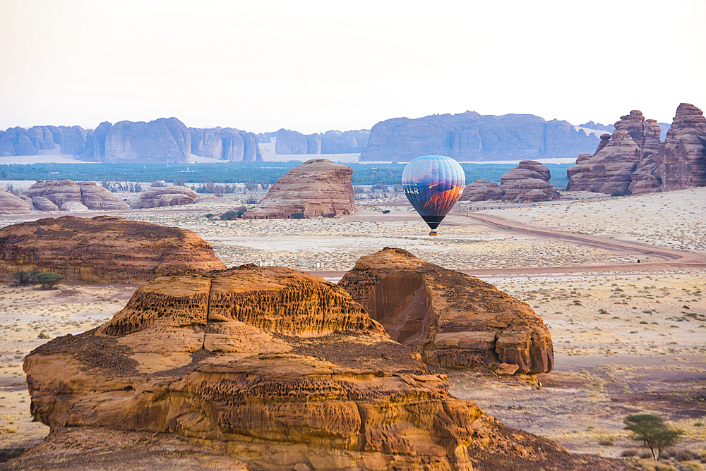 Hot air balloon flight over Hegra site and around with Hero Balloon Flights Saudi Operator, AlUla, Medina Province, Saudi Arabia, Middle East