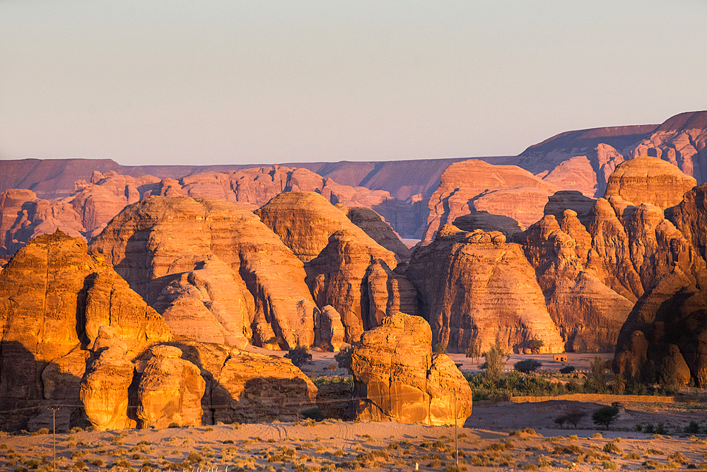 Aerial view from hot air balloon over Hegra site and around, AlUla, Medina Province, Saudi Arabia, Middle East