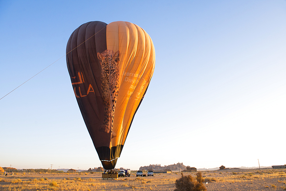 Balloon deflating after Hot air balloon flight over Hegra site and around with Hero Balloon Flights Saudi Operator, AlUla, Medina Province, Saudi Arabia, Middle East