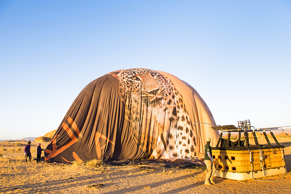 Balloon deflating after Hot air balloon flight over Hegra site and around with Hero Balloon Flights Saudi Operator, AlUla, Medina Province, Saudi Arabia, Middle East