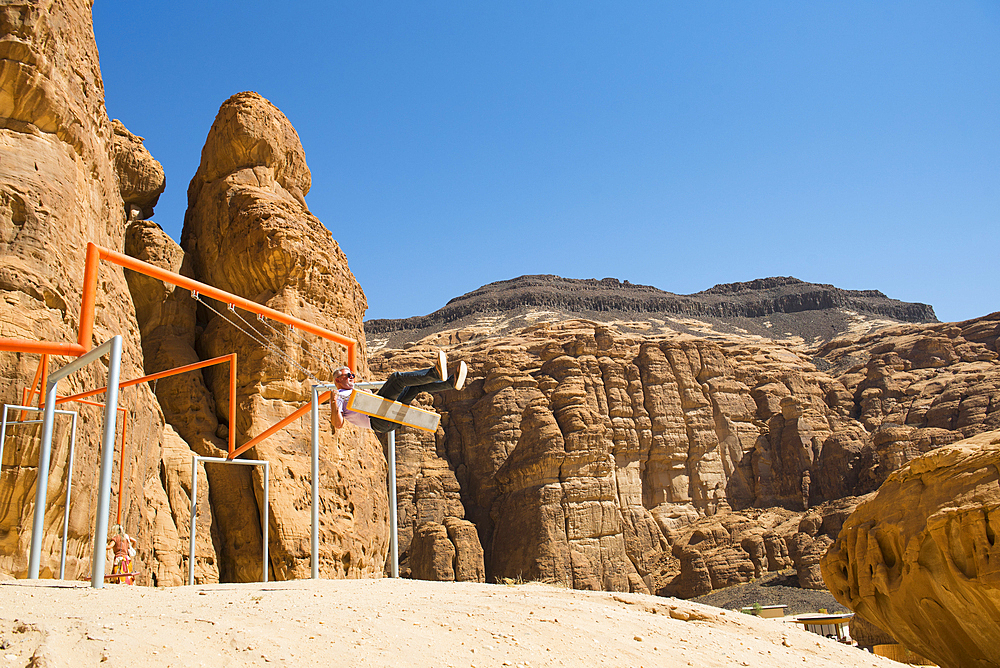 Installation by Superflex, entitled 'One Two Three Swing' as part of the 2020 Desert X AlUla exhibition, which took place in the Ashar Valley, Medina Province, Saudi Arabia, Middle East, Medina Province, Saudi Arabia, Middle East