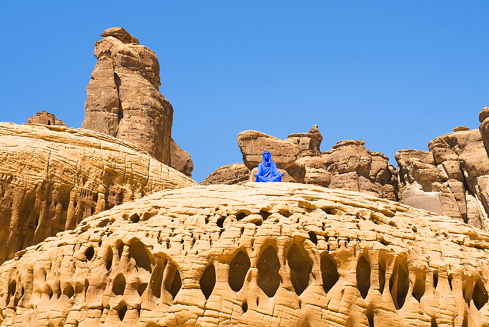 'Elyseria' by the artist Lita Albuquerque sitting on a remarkable sandstone rock , as part of the 2020 Desert X AlUla exhibition, which took place in the Ashar Valley, Medina Province, Saudi Arabia, Middle East, Medina Province, Saudi Arabia, Middle East