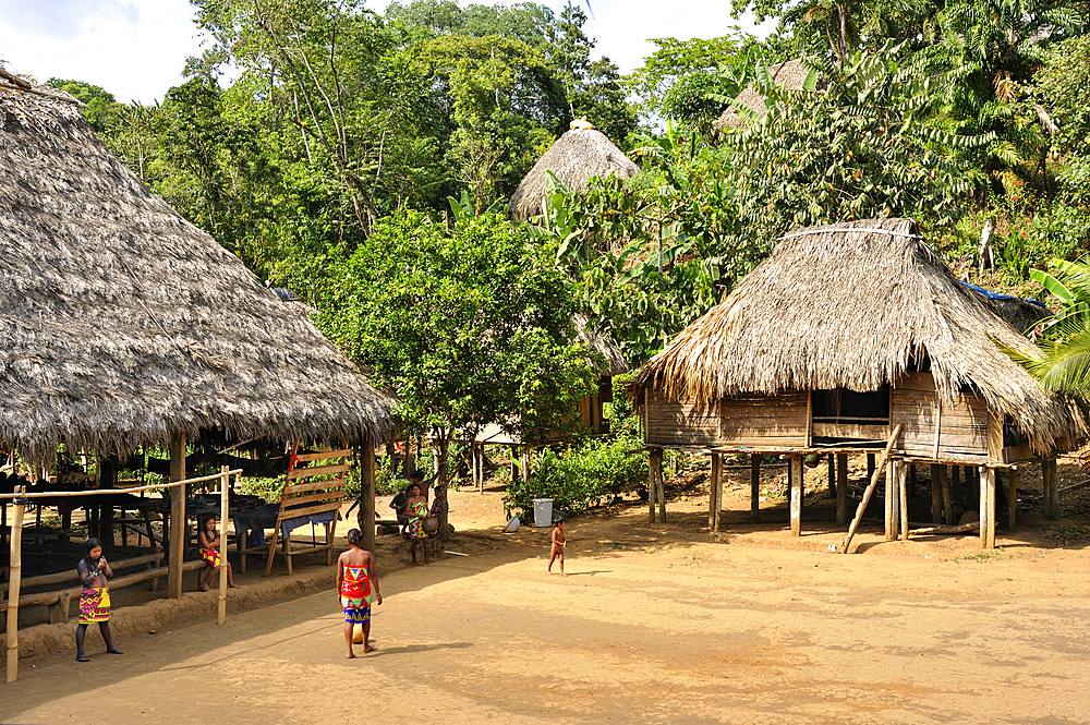 Thatched houses in a village of Embera native community living by the Chagres River within the Chagres National Park, Republic of Panama, Central America