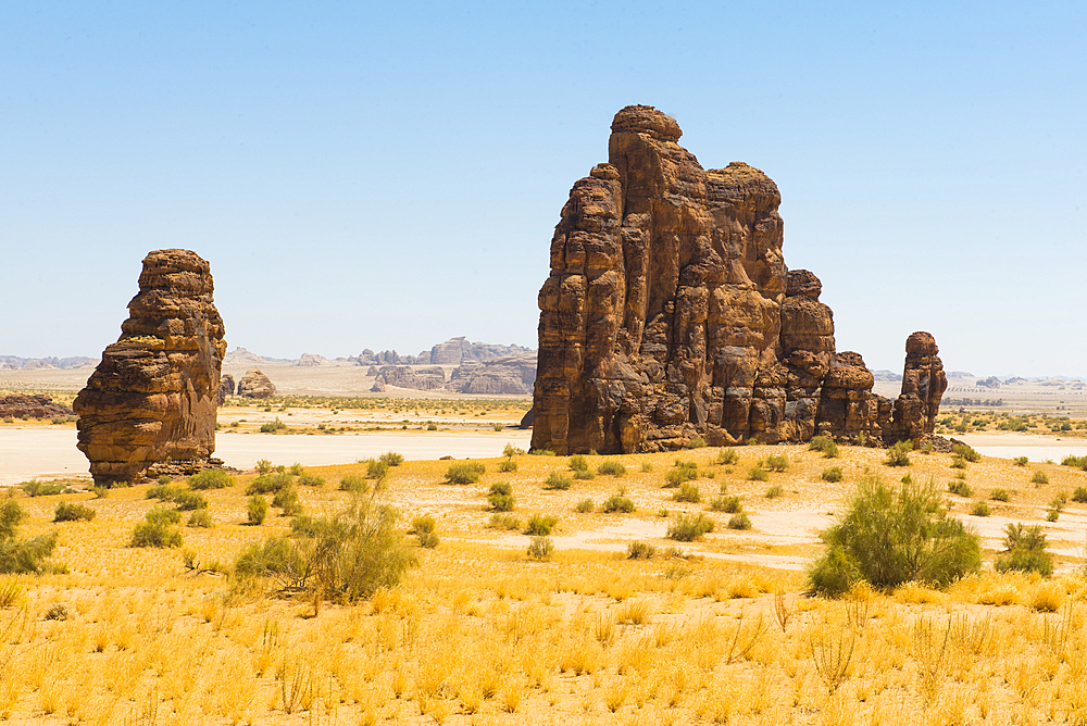 Sandstone rock tower beside a large dry salt lake in the Sharaan Nature Reserve, AlUla, Medina Province, Saudi Arabia, Middle East