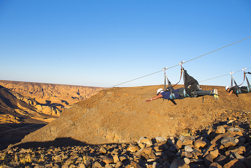 AlUla Zipline, starting from Harrat volcanic plateau, racing 1,5km at up to 120km/h speed, enjoying the incredible scenery of the Mountains, Medina Province, Saudi Arabia, Middle East