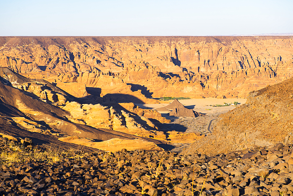 Mountainscape viewed from the top of Harrat volcanic plateau, AlUla, Medina Province, Saudi Arabia, Middle East