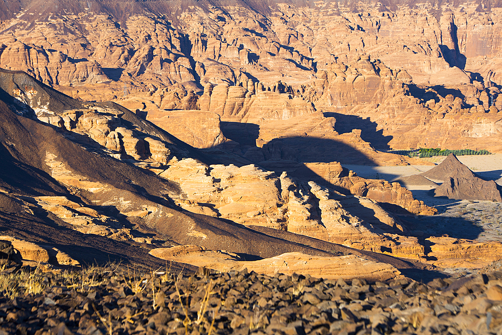 Mountainscape viewed from the top of Harrat volcanic plateau, AlUla, Medina Province, Saudi Arabia, Middle East