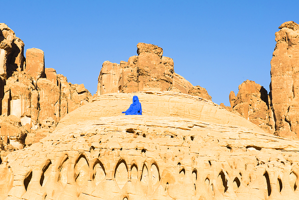 'Elyseria' by the artist Lita Albuquerque sitting on a remarkable sandstone rock , as part of the 2020 Desert X AlUla exhibition, which took place in the Ashar Valley, Medina Province, Saudi Arabia, Middle East, Medina Province, Saudi Arabia, Middle East