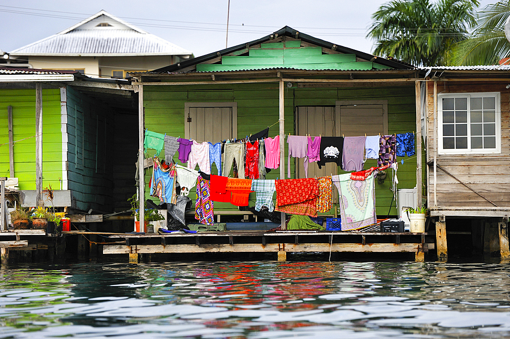 Wooden houses on stilts of Bocas del Toro town, Colon Island, Bocas del Toro Archipelago, Republic of Panama, Central America