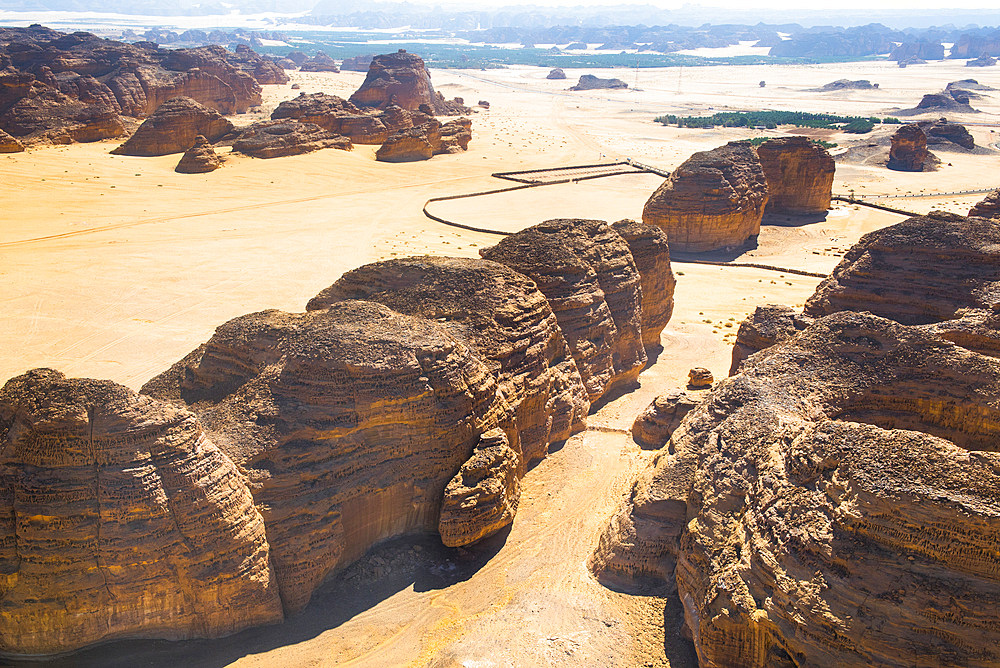 Aerial view of red sandstone formation, in the area of AlUla, Medina Province, Saudi Arabia, Middle East