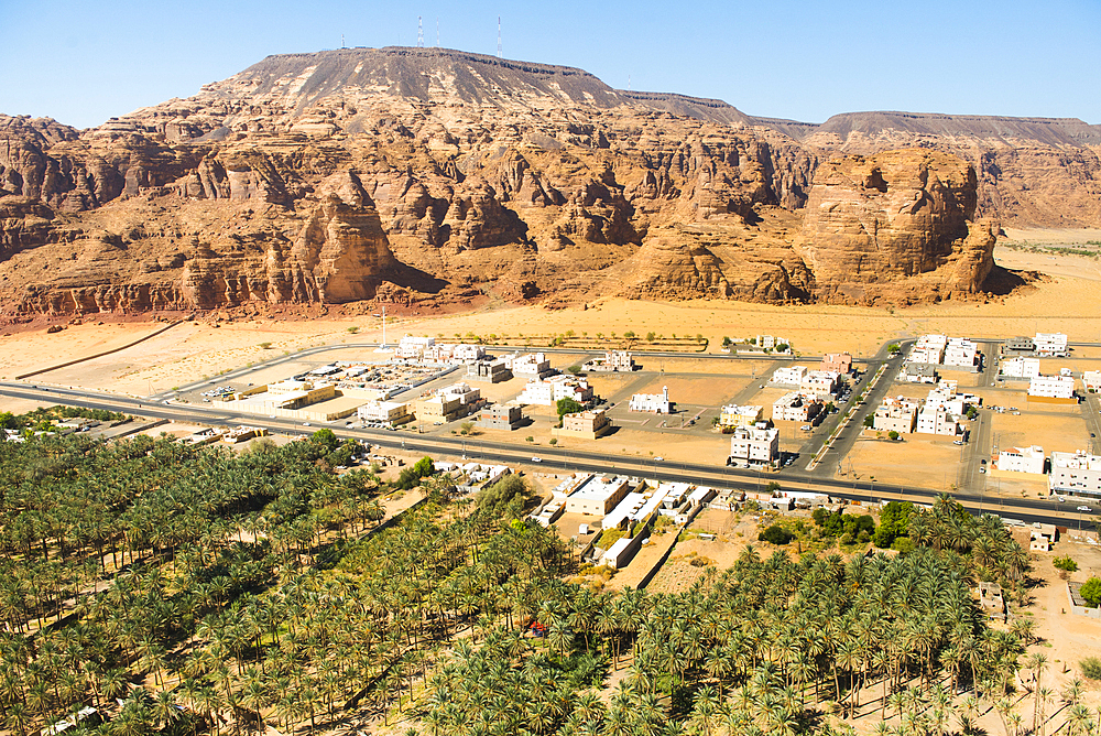 Aerial view of Palm grove and farms in the oasis of AlUla, Medina Province, Saudi Arabia, Middle East