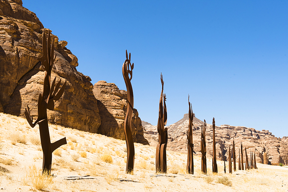 Installation by Nadim Karam, entitled 'On Parade' as part of the 2020 Desert X AlUla exhibition, which took place in the Ashar Valley, Medina Province, Saudi Arabia, Middle East, Medina Province, Saudi Arabia, Middle East