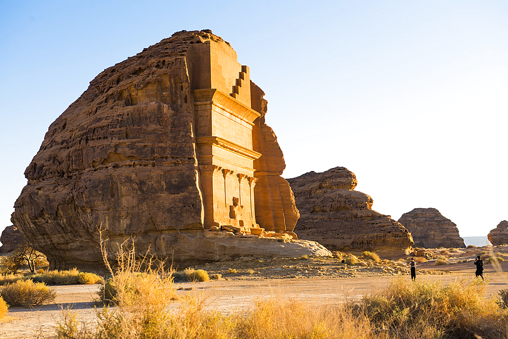 Tomb of Lihyan son of Kuza (Qasr AlFarid), carved into its own separate sandstone outcrop within the UNESCO World Heritage Site of Hegra, AlUla, Medina Province, Saudi Arabia, Middle East