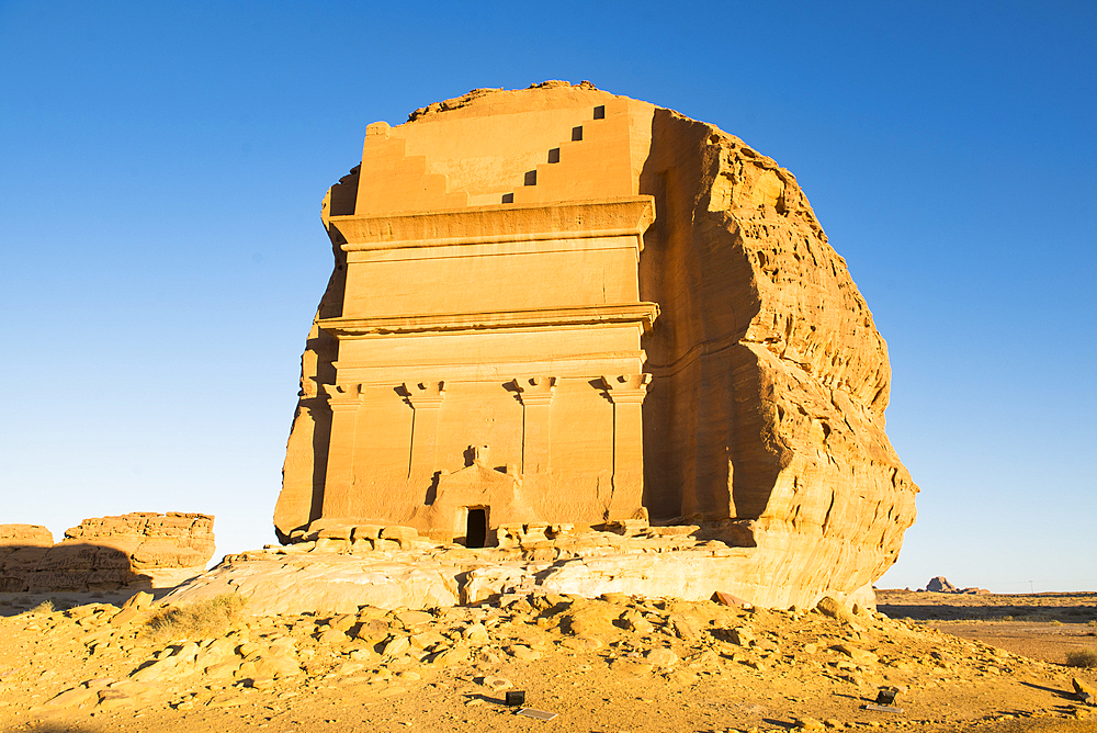 Tomb of Lihyan son of Kuza (Qasr AlFarid), carved into its own separate sandstone outcrop within the UNESCO World Heritage Site of Hegra, AlUla, Medina Province, Saudi Arabia, Middle East