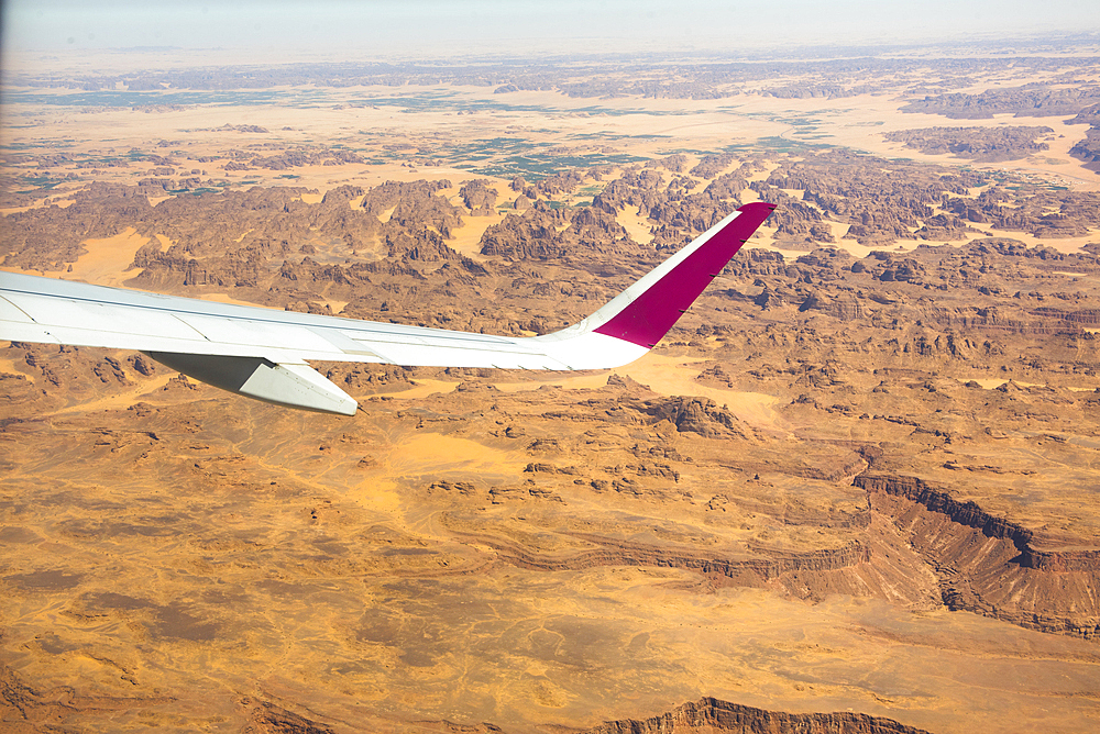 Aerial view from a aircraft of the dersert in AlUla region, Medina Province, Saudi Arabia, Middle East